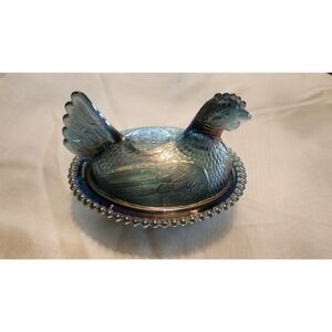 Indiana Glass Iridescent Carnival Blue Hen On Nest Covered Candy Dish 7" Vintage